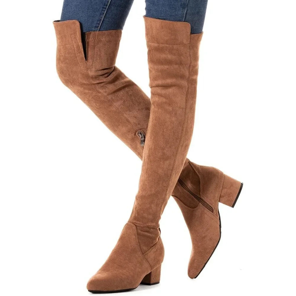 Women Brown/2 Inch Heel Faux Suede Over The Knee Thigh High Low Block Heel Boot